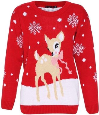 Generic New Womens Ladies Christmas Novelty Baby Deer Bambi Print Jumper Pullover Top. UK 8-26 Red
