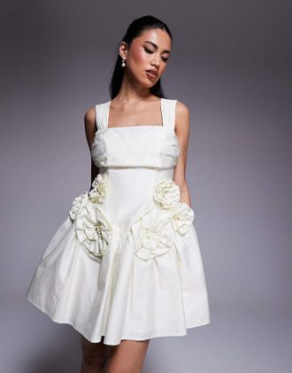 Asos cotton sateen pleated bust cinched waist corsage mini dress in buttermilk-Yellow