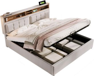 STILVORA Cama Con Arc&oacute;n 160 X 200 Cm De Lino, Cama Doble Con Almacenamiento, Somier Ajustable, Led Y Usb-c, Colch&oacute;n Incluido, Beige