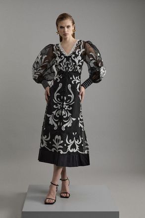 Karen Millen Womens Applique Organdie Buttoned Woven Maxi Dress - Monochrome Multi - Size 8 UK