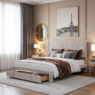 OEM Cama Doble 140x200, Cama Con Cofres Y Cajones - Cajones Espaciosos Ocultos - Terciopelo Beige - Dise&ntilde;o Franc&eacute;s Elegante