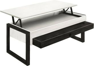 HOGAR 24 Hogar24 - Mesa Centro Elevable Cajon Deslizante Madera Maciza Color Blanco Y Negro, Pata Cuadrada