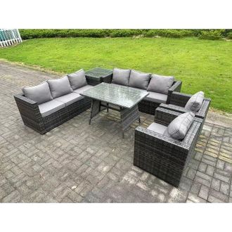 Fimous Fimous Rattan Outdoor Furniture Sofa Garden Dining Set with Patio Dining Table 2 Armchairs Side Table 8 Seater Dark Grey Mixed