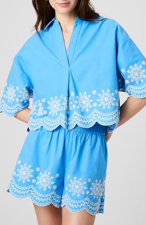 French Connection Alissa Embroidered Cotton Top in Poolside Blue-White at Nordstrom, Size X-Large