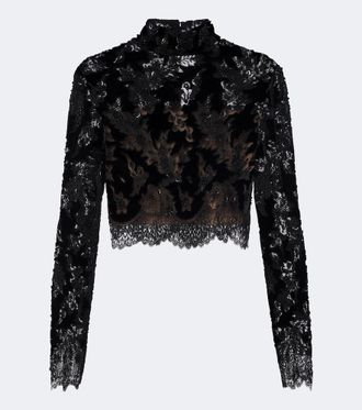Costarellos Top cropped Isaline in velluto e pizzo