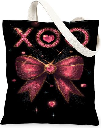 Generic Sparkling Bow Canvas Tote Bags, Heart Pattern Reusable Grocery Bags, Vintage Chic Lightweight Washable Shoulder Strap for O, Peach, 13x15 Inch