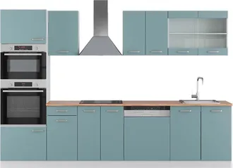 Vicco Mueble De Cocina R-line, Azul-gris-blanco, 300 Cm Con Armario Alto, Et Roble