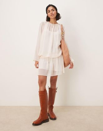 Asos chiffon boho blouson mini dress in cream-White