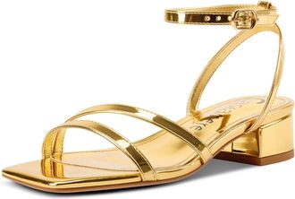 Castamere Womens Low Chunky Block Heel Square Toe Ankle Strap Sandals Dress Wedding Party Shoes 3.5 CM Heels Gold 6.5 UK
