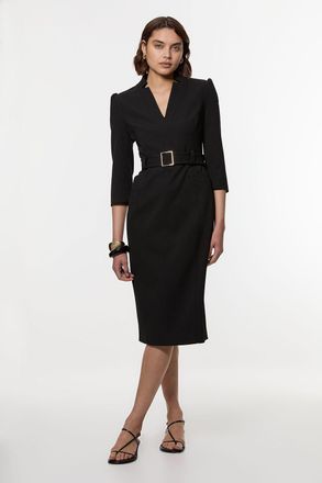 Karen Millen Womens Structured Crepe Belted Forever Midi Dress - Black Viscose - Size 10 UK