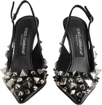 Dolce & Gabbana Black Studded Leather Heels Slingbacks Womens Shoes