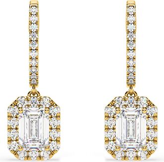 The Diamond Store Annabelle Emerald Cut Lab Diamond Halo Drop Earrings 2.78ct in 18K Yellow Gold F/VS1