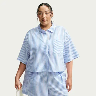 Nike Womens Nike Sportswear Chill Poplin Oversized Striped Top (Plus Size) in Blue | IO6995-435