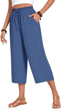 Generic Linen Trousers Womens 3/4 Length Cropped Trousers Elasticated Waist Loose Summer Cotton Linen Capri Pants With Pockets Lightweight Wide Leg Lounge Hol