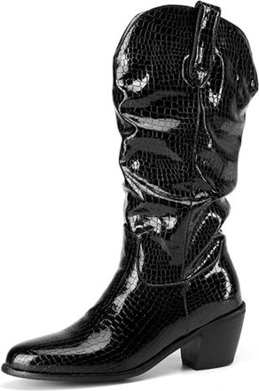 Generic Womens Slouch Cowboy Boots Crocodile-Embossed PU Leather Block Heel White Black Comfortable Stylish For Party Casual And Daily Wear,Black,7.5 UK