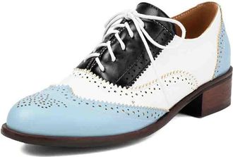 Generic Womens Contemporary Brogues Color Block Oxford Shoes with Low Heel for Work and Leisure Wear Round Toe Design,Blue,6.5 UK