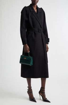 Versace Belted Double Breasted Virgin Wool & Cashmere Coat in Black at Nordstrom, Size 8 Us