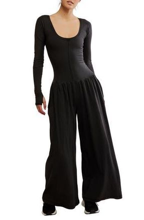 Free People FP Movement Hot Shot Wide Leg Long Sleeve Jumpsuit in Black at Nordstrom Rack, Size Medium