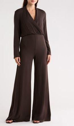 Go Couture Surplice V-Neck Long Sleeve Jumpsuit in Bronze Brown at Nordstrom Rack, Size X-Large