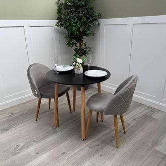 Life Interiors Lucia Dining Set Round Black Table + 2 Velvet Chairs in Grey
