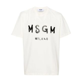 Msgm T-Shirts, male, White, Size: XL Logo Print Cotton T-shirt