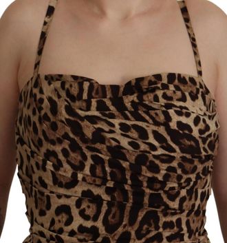 Dolce & Gabbana Brown Leopard Print Ruched Midi Womens Dress