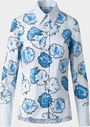 Akris Carnation-Print Striped Cotton Poplin Button-Down Blouse