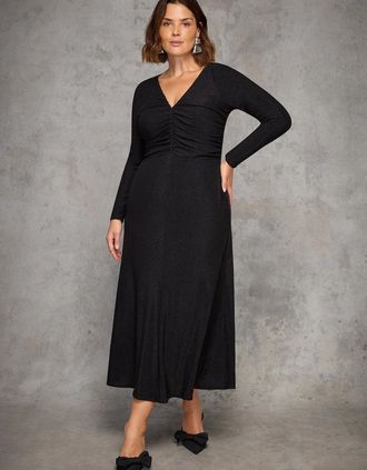 Live Unlimited London Womens Black Sparkle Ruched Jersey Maxi Dress - Size: 12