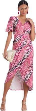 Generic Crystal Womens Floral Wrap Midi Dress - Elegant Angel Sleeve Summer Dress for Women UK, Occasion/Party Style Fuchsia