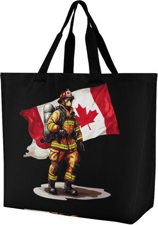 Generic Firefightman Canada Flag Large Reusable Shopping Bag Lightweight Foldable Tote Bags Washable Shoulder Handbag