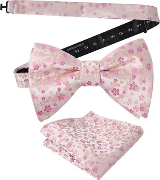 Alizeal Mens Floral Patterned Pre-tied Bow Tie and Hanky for Formal Wedding Business Party Natural Bow Tie Set, Light Pink