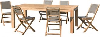 Macabane Mesa y sillas de jard&iacute;n de madera de teca/textileno topo 6/8 personas