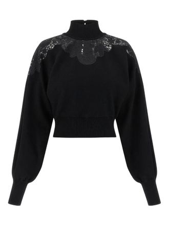 Twin-Set Cropped Black Sweater with High Ribbed Neckline and Lace Detailing