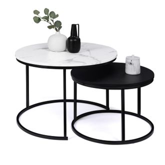 IDMarket Idmarket - Set Di 2 Tavolini Rotondi Alaska 54/70, Effetto Marmo E Nero, Gambe In Metallo
