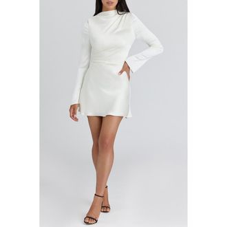 House of CB Lulu Pleated Long Sleeve Satin Minidress in Ivory at Nordstrom, Size X-Small A