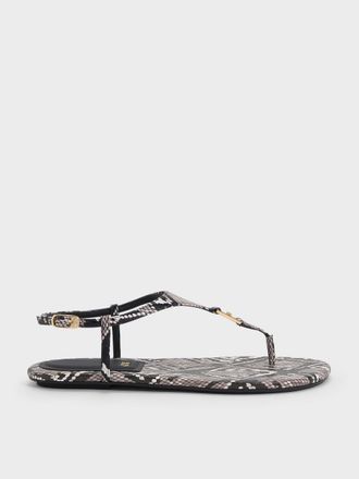 Charles & Keith Leather Snake-Print T-Bar Thong Sandals