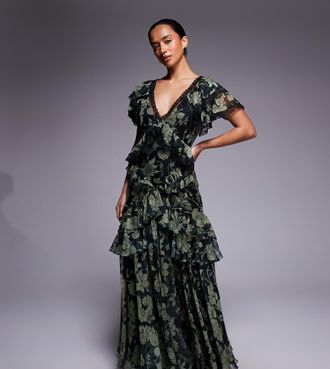 Asos Petite ASOS DESIGN Petite - Vestito a fiori kaki con volant e schiena scoperta-Verde