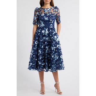 Eliza J Floral Appliqu&eacute; Cocktail Midi Dress in Navy at Nordstrom Rack, Size 2