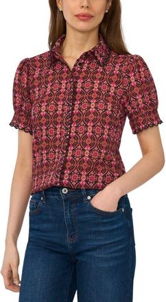CeCe by Cynthia Steffe Paisley Puff Sleeve Crepe Button-Up Shirt in Rich Black/burgundy at Nordstrom, Size X-Small