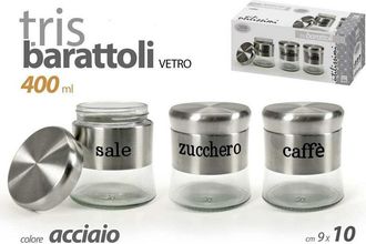 Trade Shop Trade Shop - Tris Barattoli Colore Acciaio In Vetro 9x10cm 400 Ml Sale Zucchero Caffe 816604