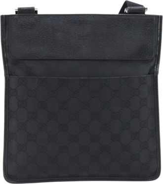 Gucci Vintage Flat Messenger Gg Canvas And Leather Black Canvas Handbag (Pre-Owned)