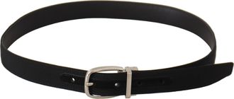 Dolce & Gabbana Mens Belt Black Calf Leather Silver Tone Metal Buckle Brown