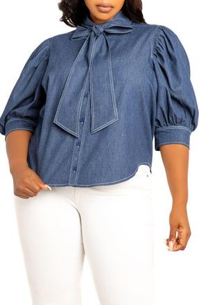 Buxom Couture Bow Neck Denim Shirt in Denim Blue at Nordstrom, Size 1X