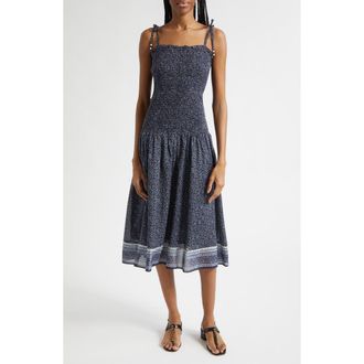 Veronica Beard Mariette Smocked Drop Waist Cotton Blend Sundress in Navy Multi at Nordstrom, Size X-Small