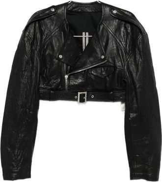 Rick Owens Micro Biker Belted Jacket - Dames - Leren en Su&egrave;de Jassen - Zwart - S - Leer - Jassen
