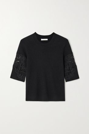 Chlo&eacute; Maglia In Misto Lana A Coste Con Finiture In Pizzo Guipure - Nero