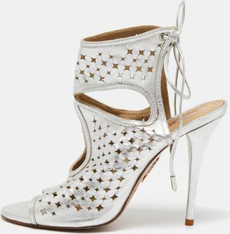 Aquazzura Silver Leather Laser Cut Sexy Thing Ankle Tie Sandals