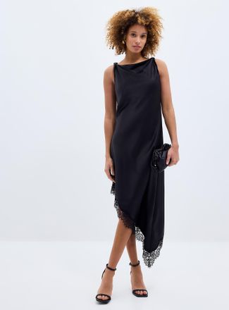 Contemporaine Womens Lace trim satiny asymmetrical skirt