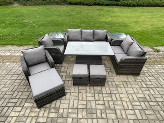 Fimous Wicker PE Rattan Outdoor Garden Furniture Sets Height Adjustable Rising lifting Dining Table Sofa Set with 2 Side Tables in Dark Grey