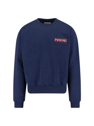 Marni Boxy Navy Blue Cropped Sweater With Bold Logo Patch